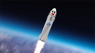 A rendering of a Chinese space tourism rocket leaving the atmosphere.