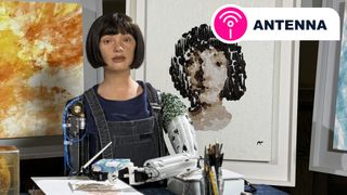 The Ai-Da robot sitting with a paintbrush in front of two paintings