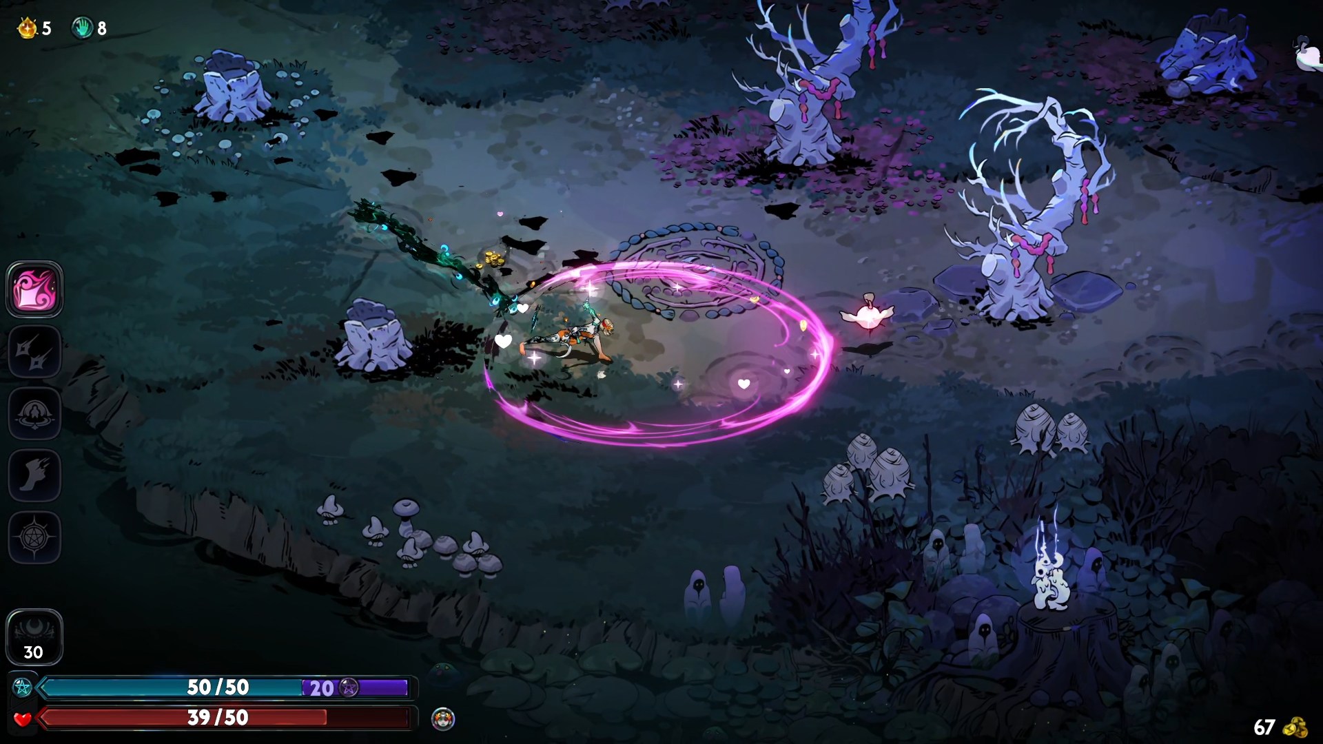 A screenshot of Hades 2. A pink trail of hearts from Aphrodite lingers after Melinoe swings her axe towards enemies in a dark forest zone.