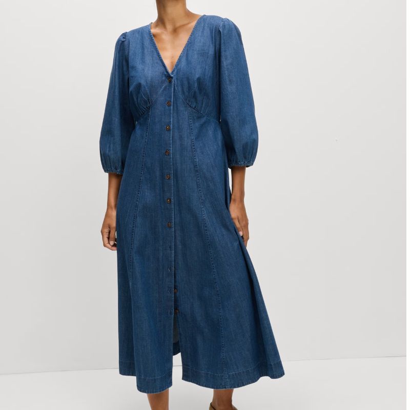 M&amp;amp;S, Denim V-Neck Tie Waist Midi Tea Dress