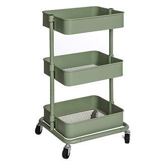 Songmics 3-Tier Storage Trolley, Rolling Cart, Kitchen Storage Cart With Height Adjustable Shelves, Utility Cart With 2 Brakes, Easy Assembly, for Bathroom, Kitchen, Office, Olive Green Bsc060c01