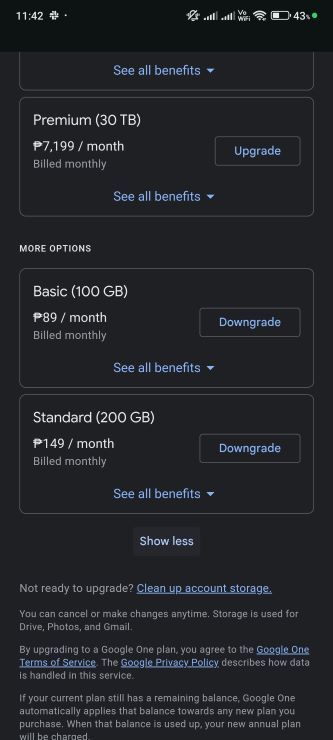 Google One app showing all the tiers