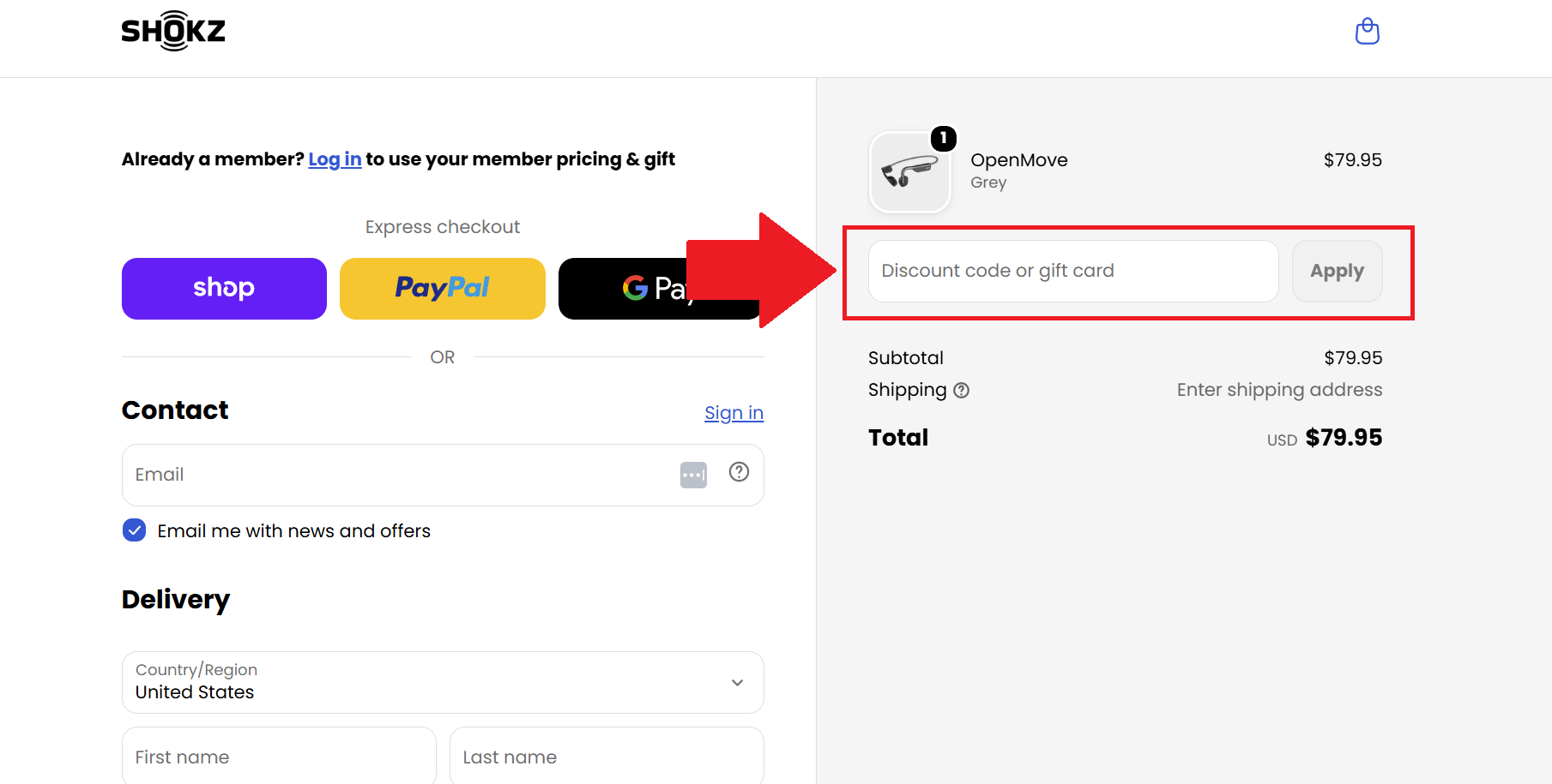 A screenshot of the shokz checkout screen showing where to enter a shokz promo code