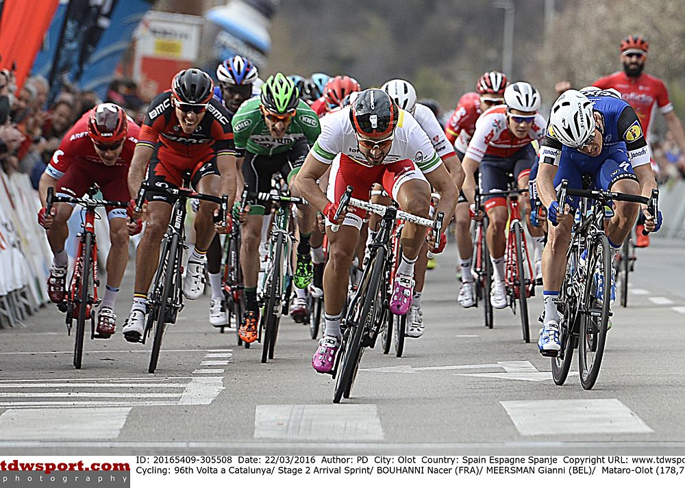 Nacer Bouhanni sprinting for the stage 2 finish line at Volta a Catalunya