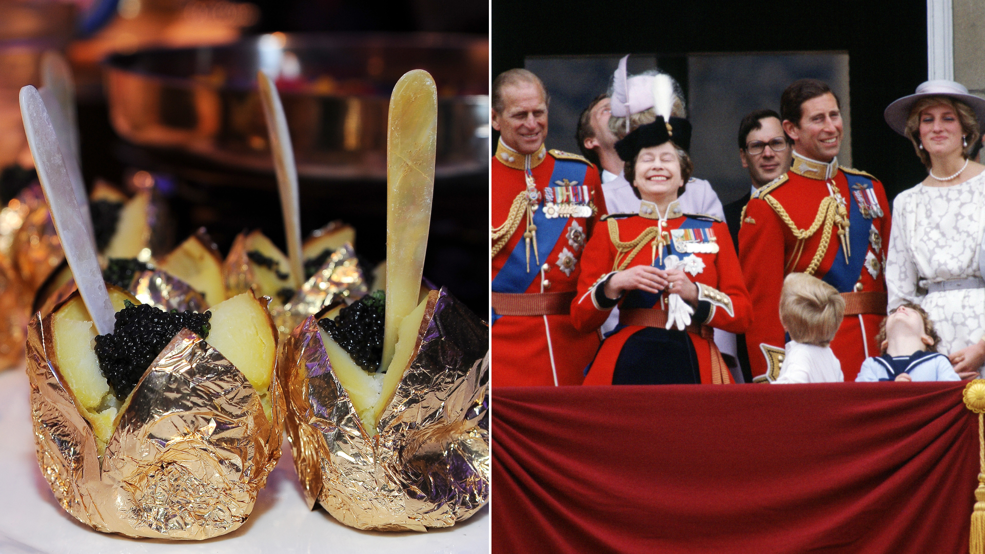 A baked potato with caviar alongside Royal Family members joining Queen Elizabeth II on the Buckingham balcony, including Princess Diana in a white floral dress and matching hat and King Charles