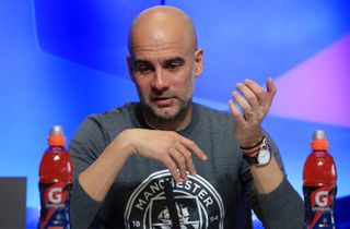 Pep Guardiola speaks in a press conference ahead of Manchester City's Champions League quarter-final second leg against Atletico Madrid in April 2022.