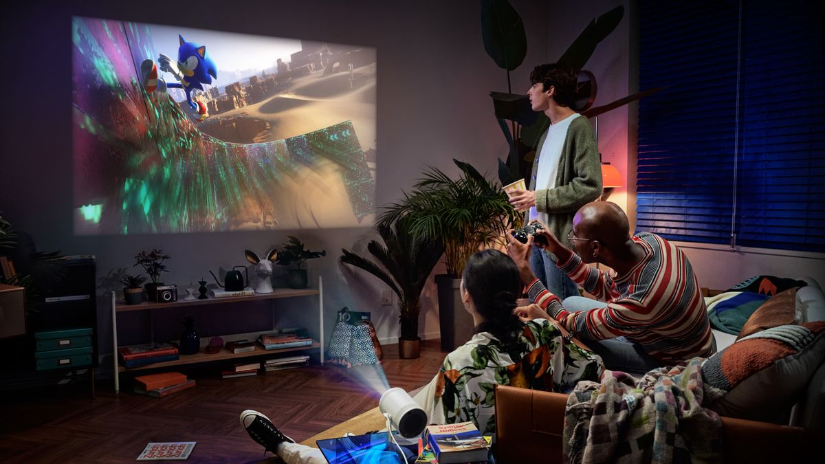 Samsung&#039;s The Freestyle Gen 2 projecting an image of Sonic the Hedgehog in a living room.