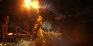 Godzilla surrounded by fiery destruction in Godzilla vs. Kong