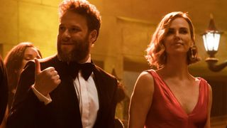 Seth Rogen as Fred Flarsky and Charlize Theron as Charlotte Field in Long Shot.