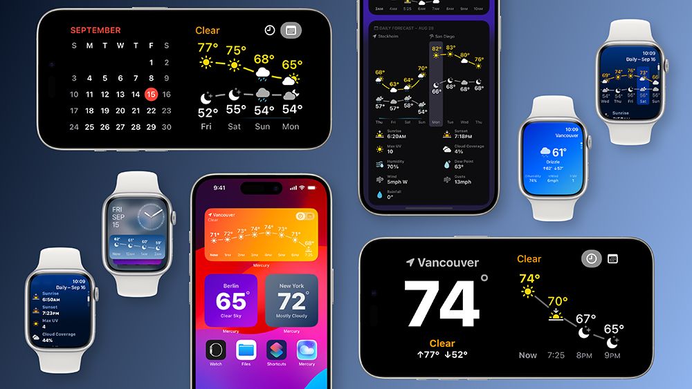 Screenshots of the Mercury Weather App on iPhones and Apple Watches.