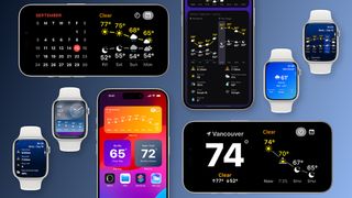 Screenshots of the Mercury Weather App on iPhones and Apple Watches.