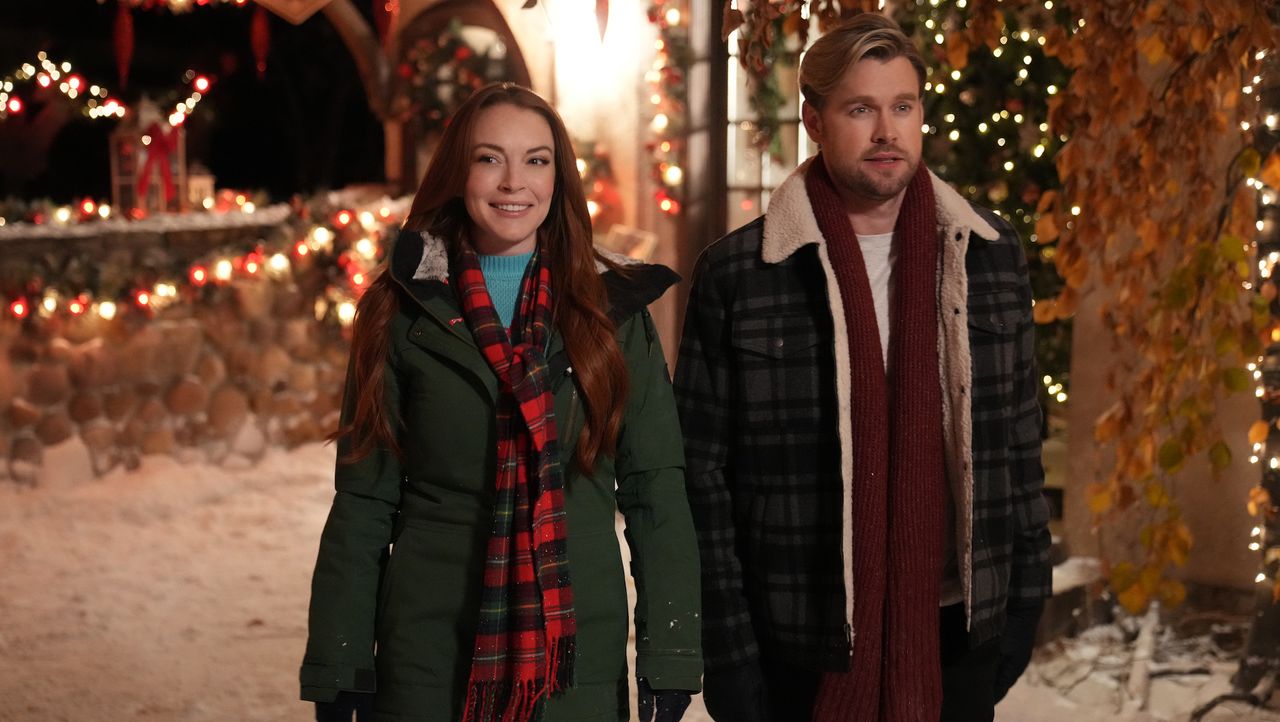 lindsay lohan and chord overstreet in netflix rom-com &#039;falling for christmas&#039;