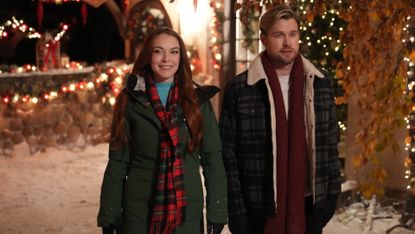 lindsay lohan and chord overstreet in netflix rom-com 'falling for christmas'