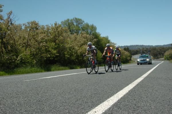 The chasing trio of Peter Herzig (Budget Forklifts), Pat Shaw (Genesys) and Blake Hose (John West Cycling).