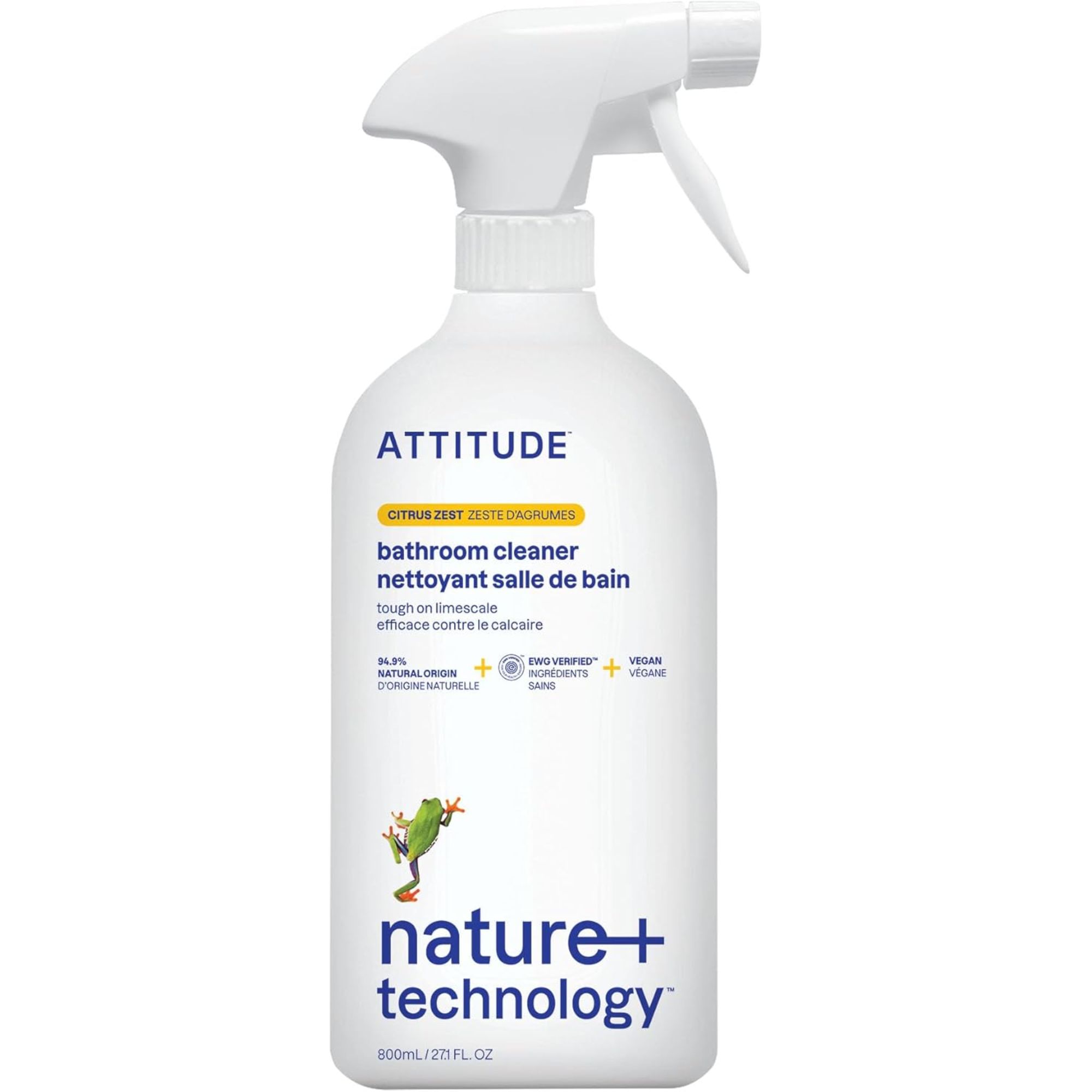 A white spray bottle of bathroom cleaner
