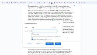 Google Docs screenshot showcasing Find and Replace menu open on a document
