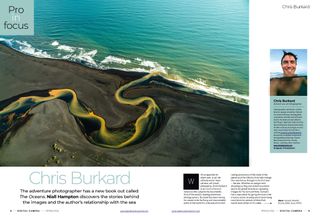 Image of first two pages of the Pro in Focus profile of adventure photographer Chris Burkard, in issue 280 of Digital Camera magazine