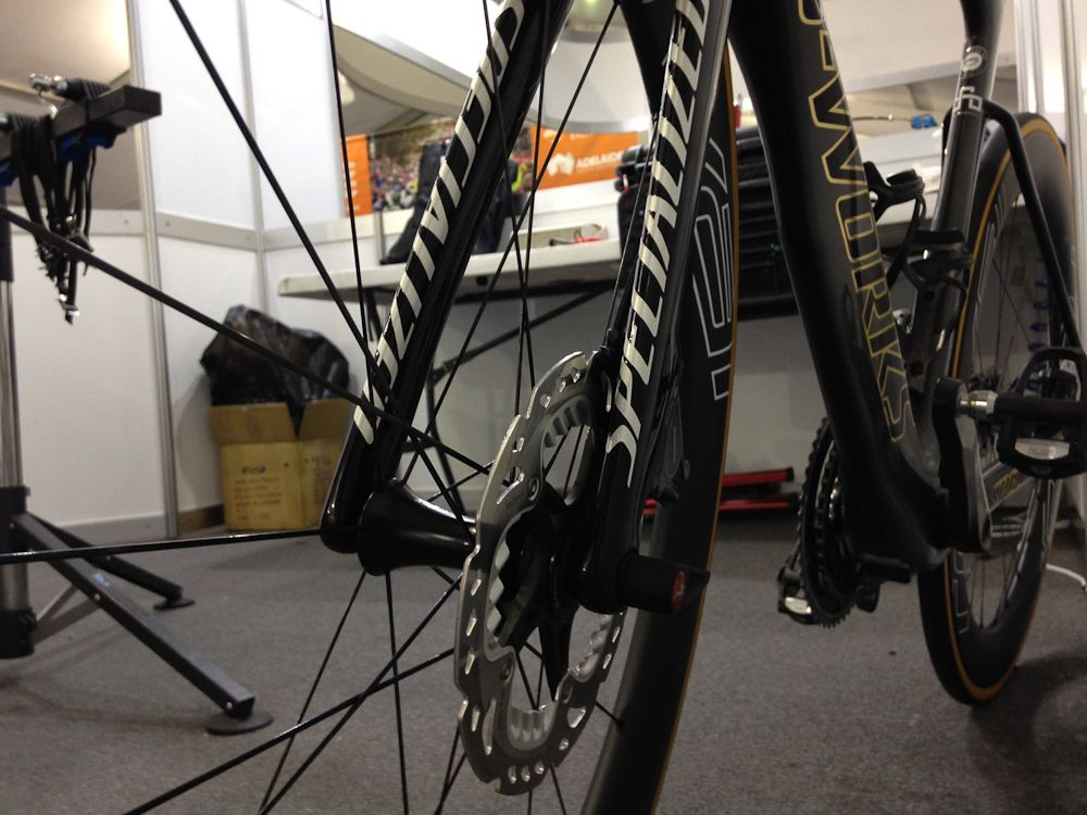A close-up look at the front disc brake of the bike Peter Sagan has been riding in Australia