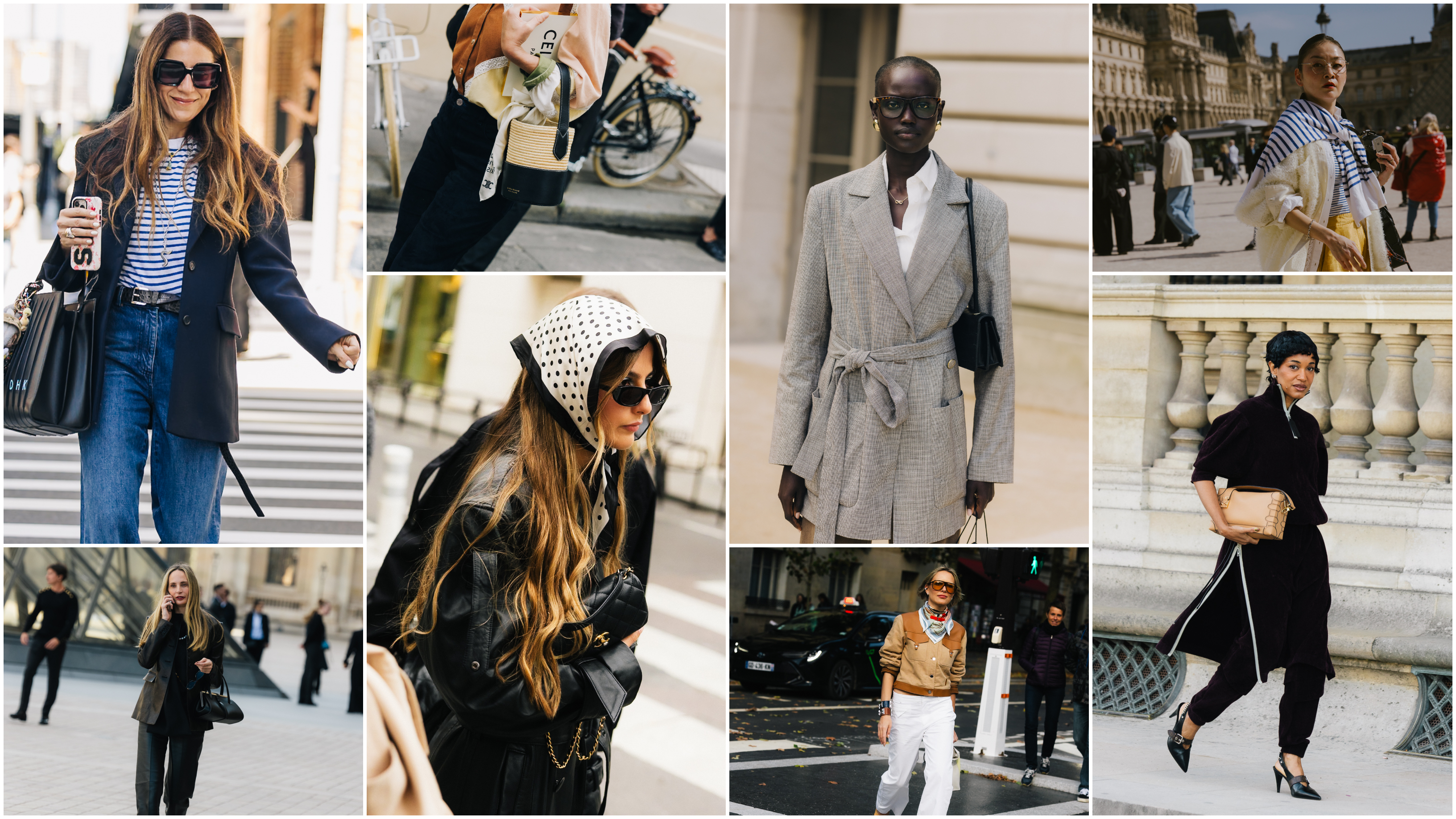 a collage of women at paris fashion week wearing french girl pieces, including Breton striped shirts, silk scarves, blazers, and basket bag