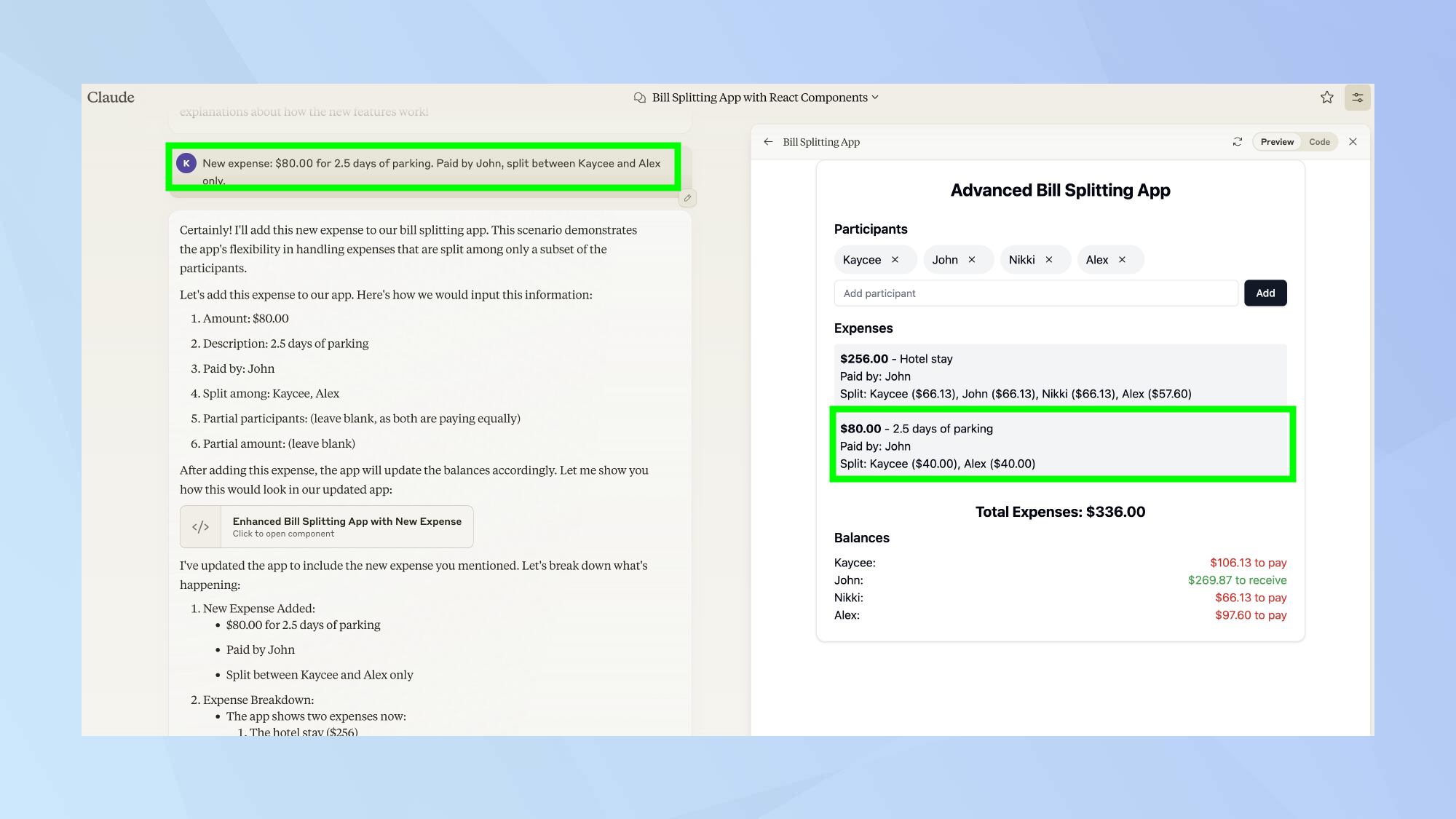 Claude bill-splitting app parking prompt 