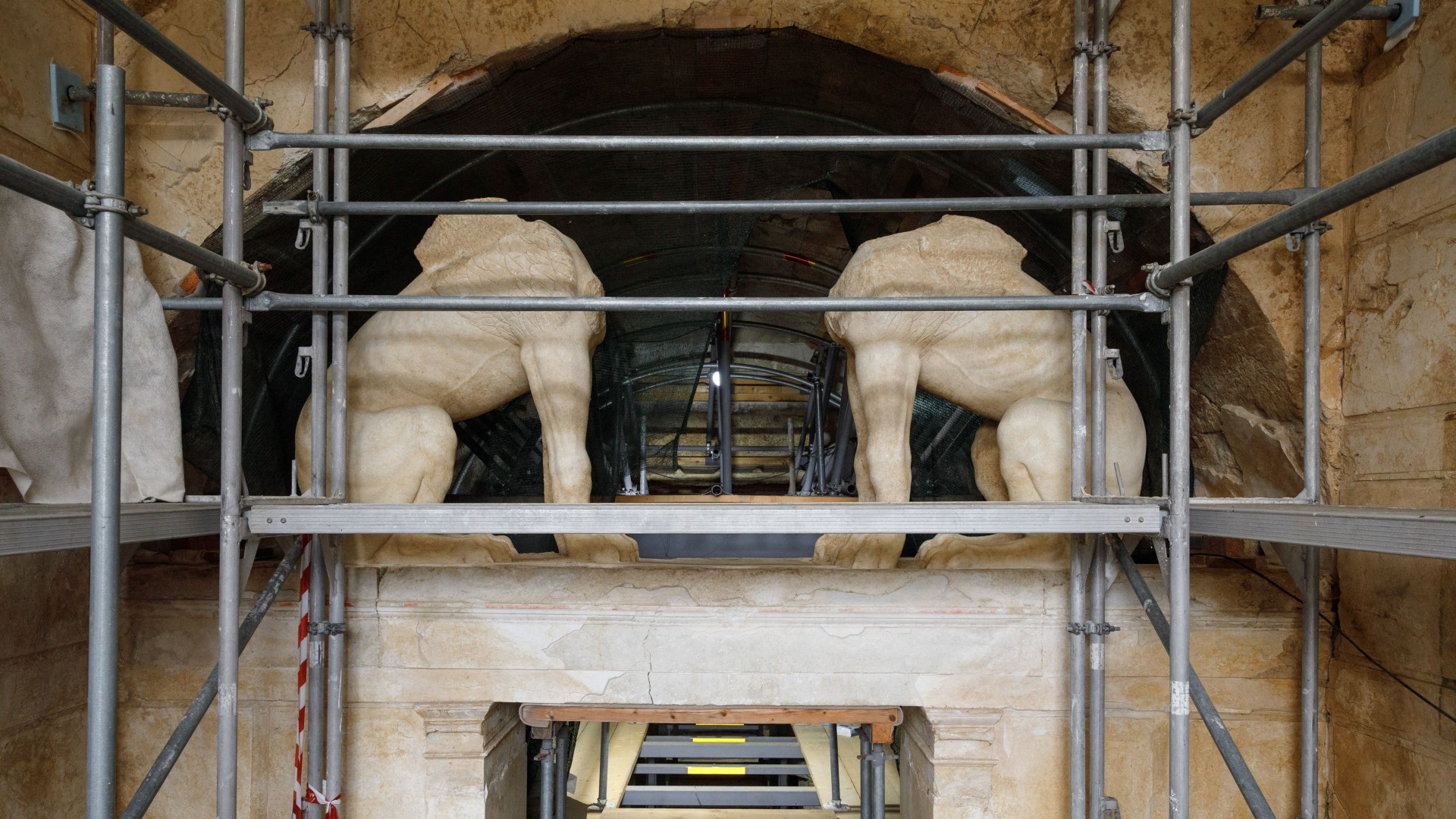 View of the two sphinxes at the entrance of the first chamber of Kasta Tomb near Nea Mesolakkia village, Serres, Greece on April 19, 2023.