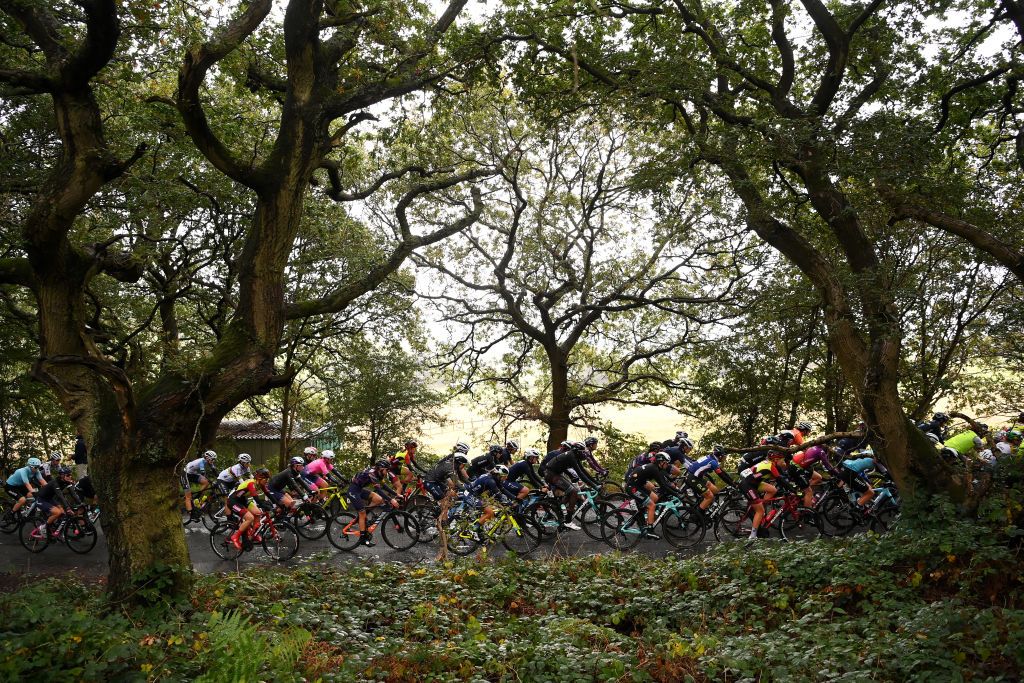 WALSALL ENGLAND OCTOBER 05 A general view of the peloton competes during the 7th The Womens Tour 2021 Stage 2 a 1022km stage from Walsall to Walsall thewomenstour UCIWWT on October 05 2021 in Walsall England Photo by Justin SetterfieldGetty Images