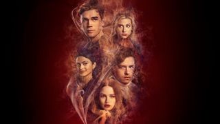 picture of Riverdale cast members in a red puff of smoke