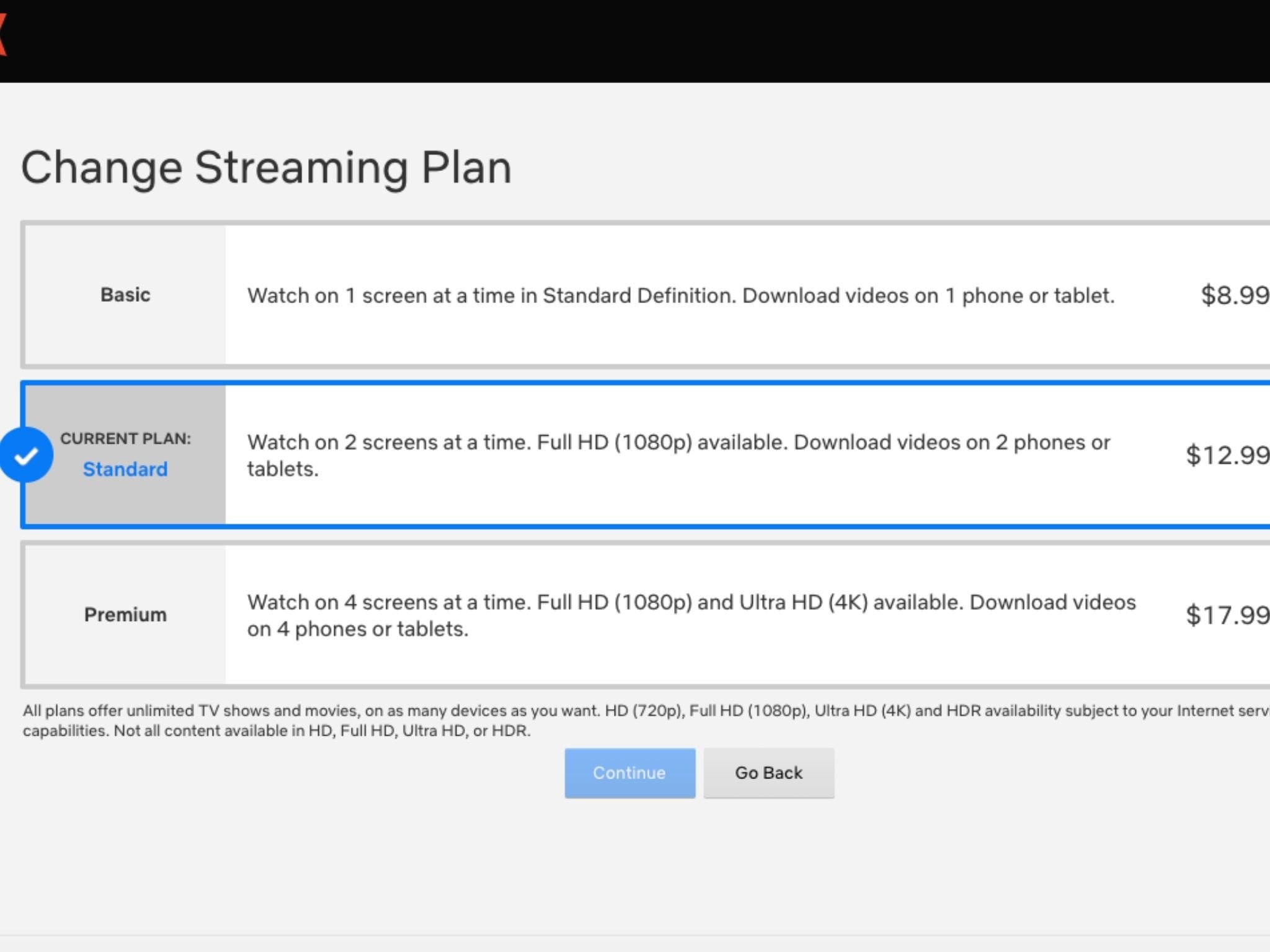 Content available. Netflix Plan. Netflix change. Computer with Netflix account.