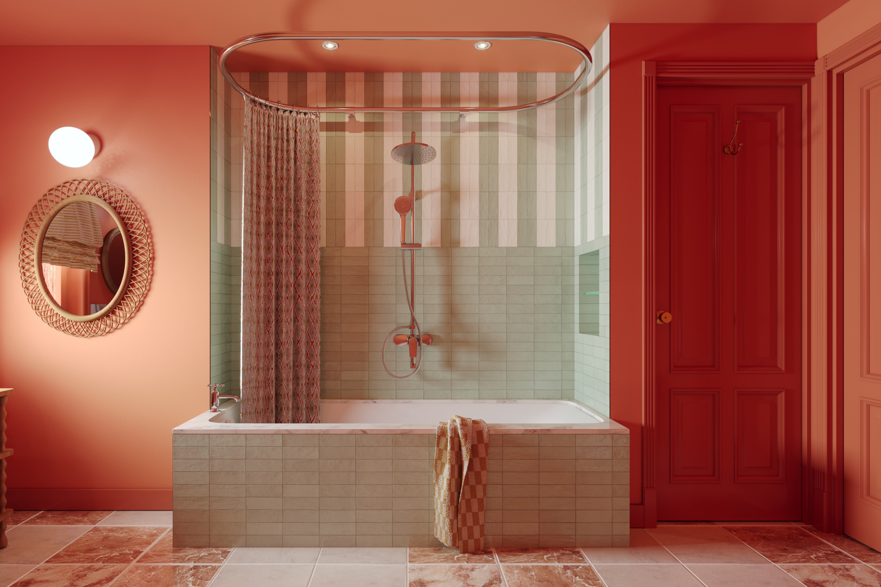 Orange bathroom with sage green large shower with striped tiles