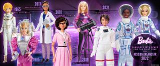 llustrated timeline showing the progression of Barbie's astronaut and space-related outfits throughout the years, from 1965 through 2022.