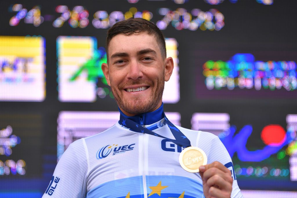 PLOUAY FRANCE AUGUST 26 Podium Giacomo Nizzolo of Italy Gold Medal European Champion Jersey Celebration during the 26th UEC Road European Championships 2020 Mens Elite a 17745km race from Plouay to Plouay UECcycling EuroRoad20 on August 26 2020 in Plouay France Photo by Luc ClaessenGetty Images