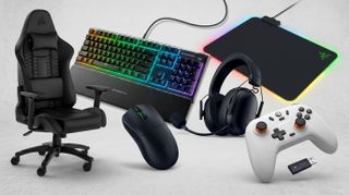 A gaming chair, gaming mouse, gaming keyboard, headset, mouse pad and game controller on a grey background