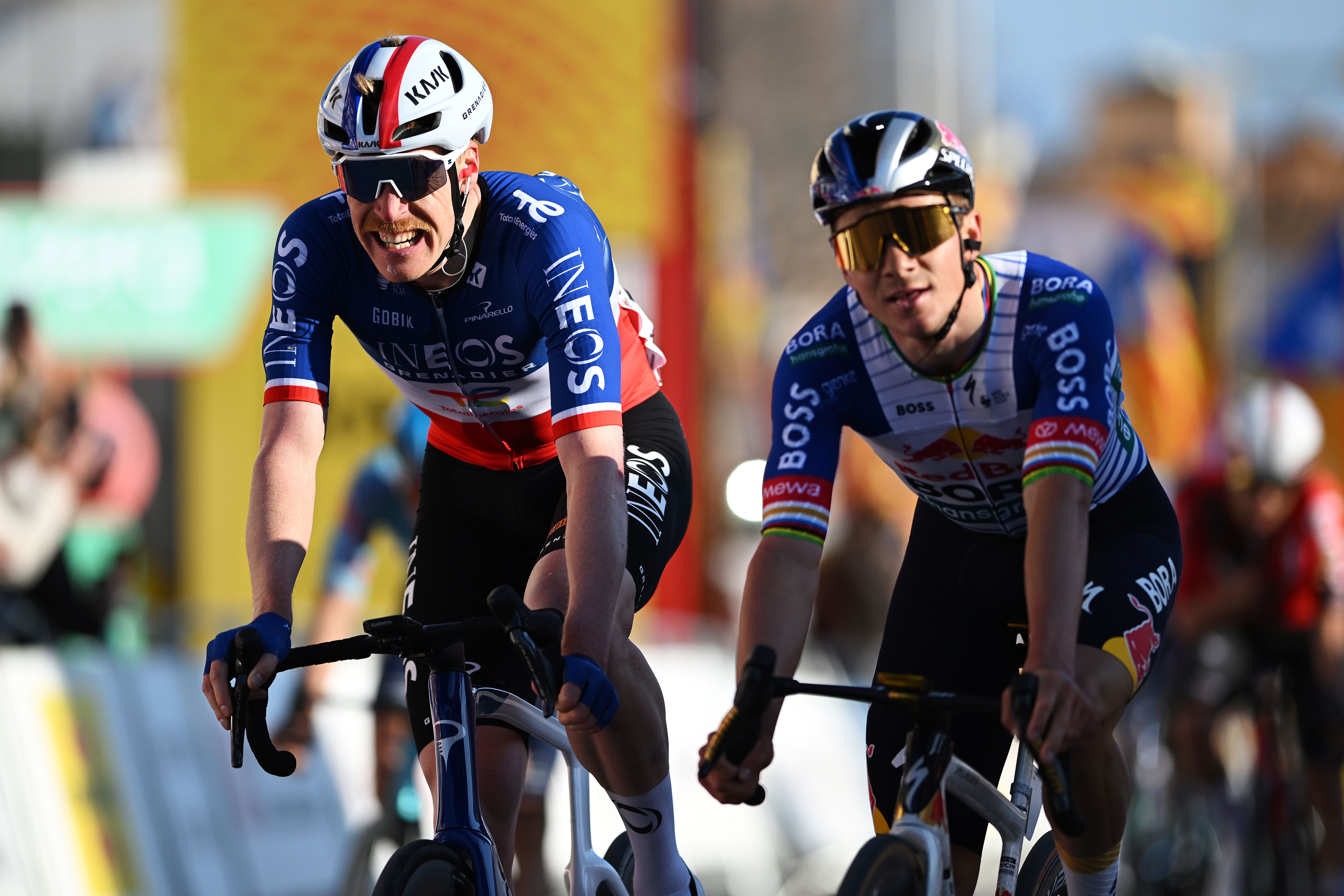 Dorian Godon and Remco Evenepoel after finishing stage 1 of Volta a Catalunya 2026