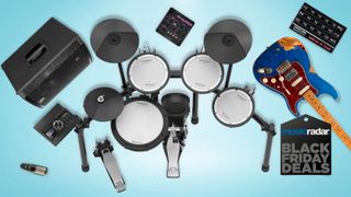Image of Roland electronic drum kit, L&L relic'd guitar, Rocktron MIDI controller, Kustom PA speaker, Waldorf synthesizer, and AKG microphone