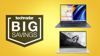 Asus Vivobook 16 and ROG Zephyrus G14 on yellow background with big savings text overlay