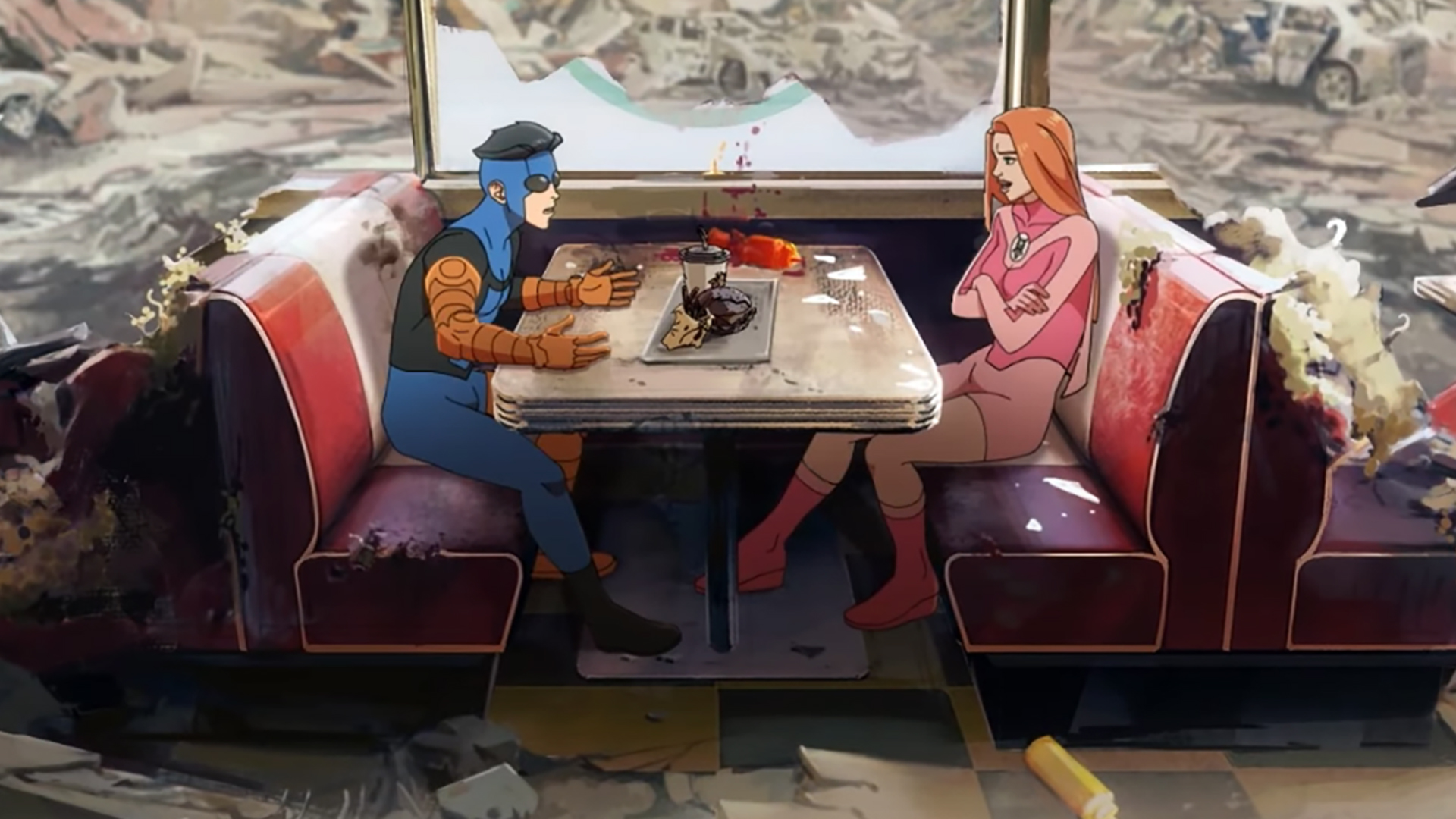 Invincible and Atom Eve sitting in the ruins of Burger Mart