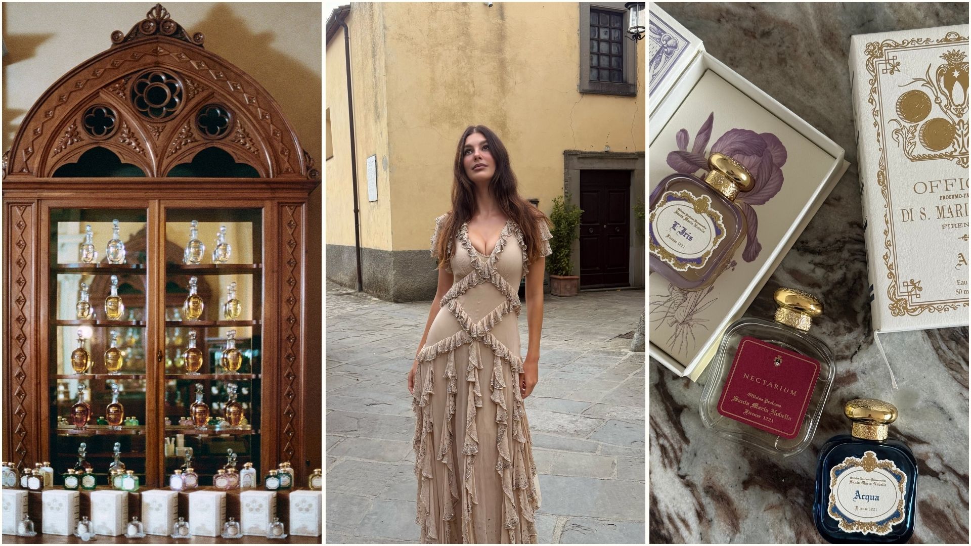 A collage featuring the Santa Maria Novella store, a photo of Camilla Morrone in Tuscant and a photo of Santa Maria Novella perfume bottles