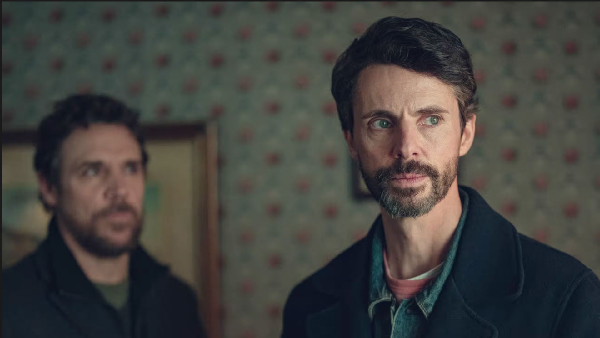 an image from new show Department Q, showing Matthew Goode playing Detective Carl at a crime scene