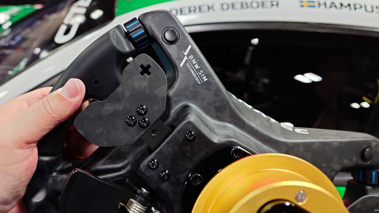 Close-up photos of the Fanatec Podium BMW M4 GT3 racing wheel showing the controls, paddles and mount.