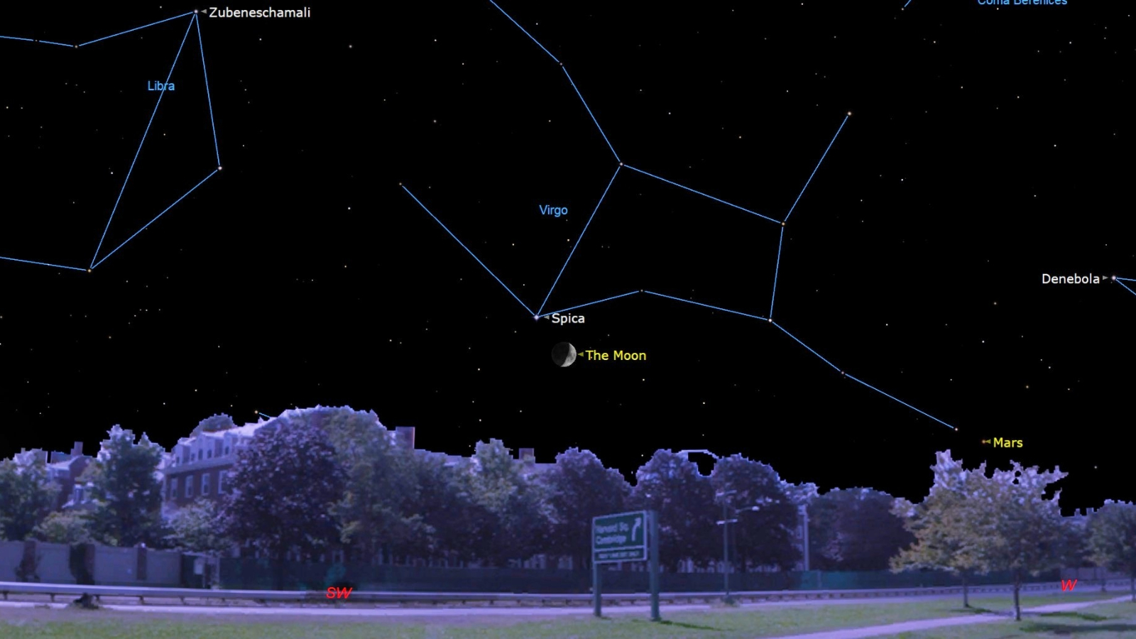 A map of the night sky with a crescent moon near Spica