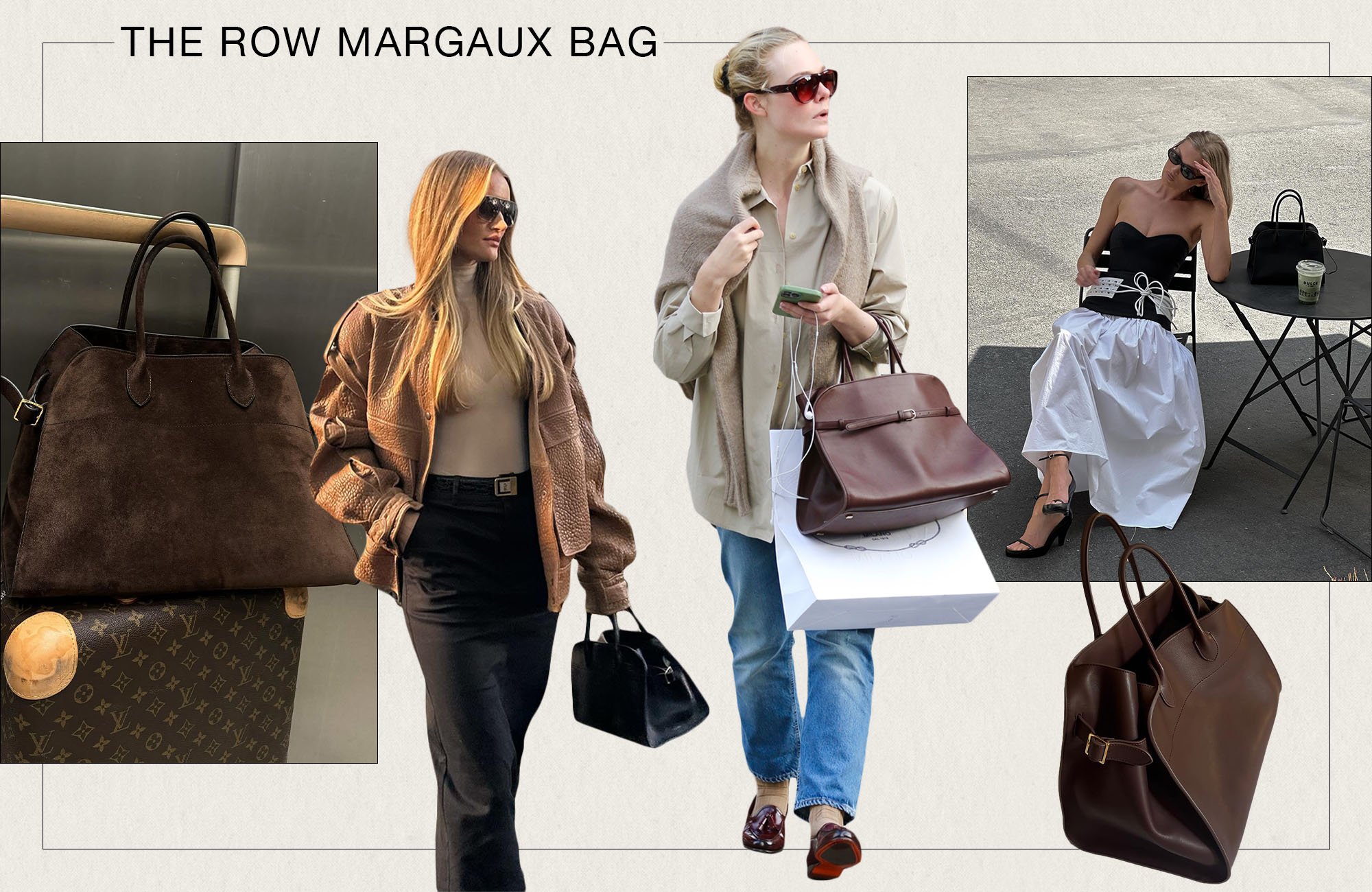 A collage of photos of The Row Margaux bags.