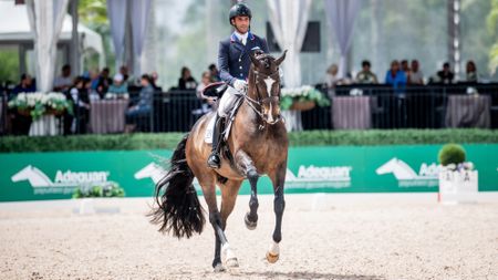 Jordan LaPlaca cantering down the centre line at a competition on his Gold Play.