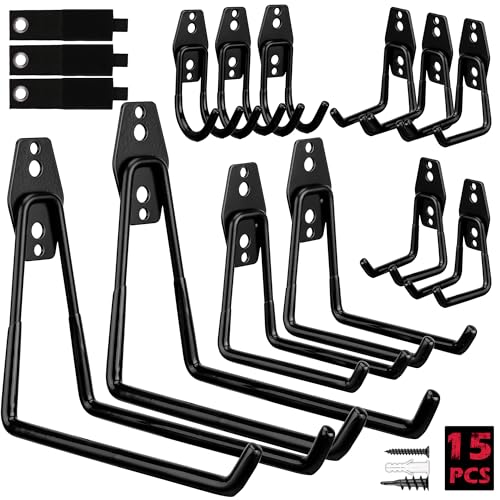 Garage Tool Storage Wall Hook Assortment Set: 15pcs Heavy Duty Large Hanger Garden Tool Organizer Ladder Bike Rack Yard Tool Holder Shed Shovel Metal Screw Organization Bicycle Steel Bracket