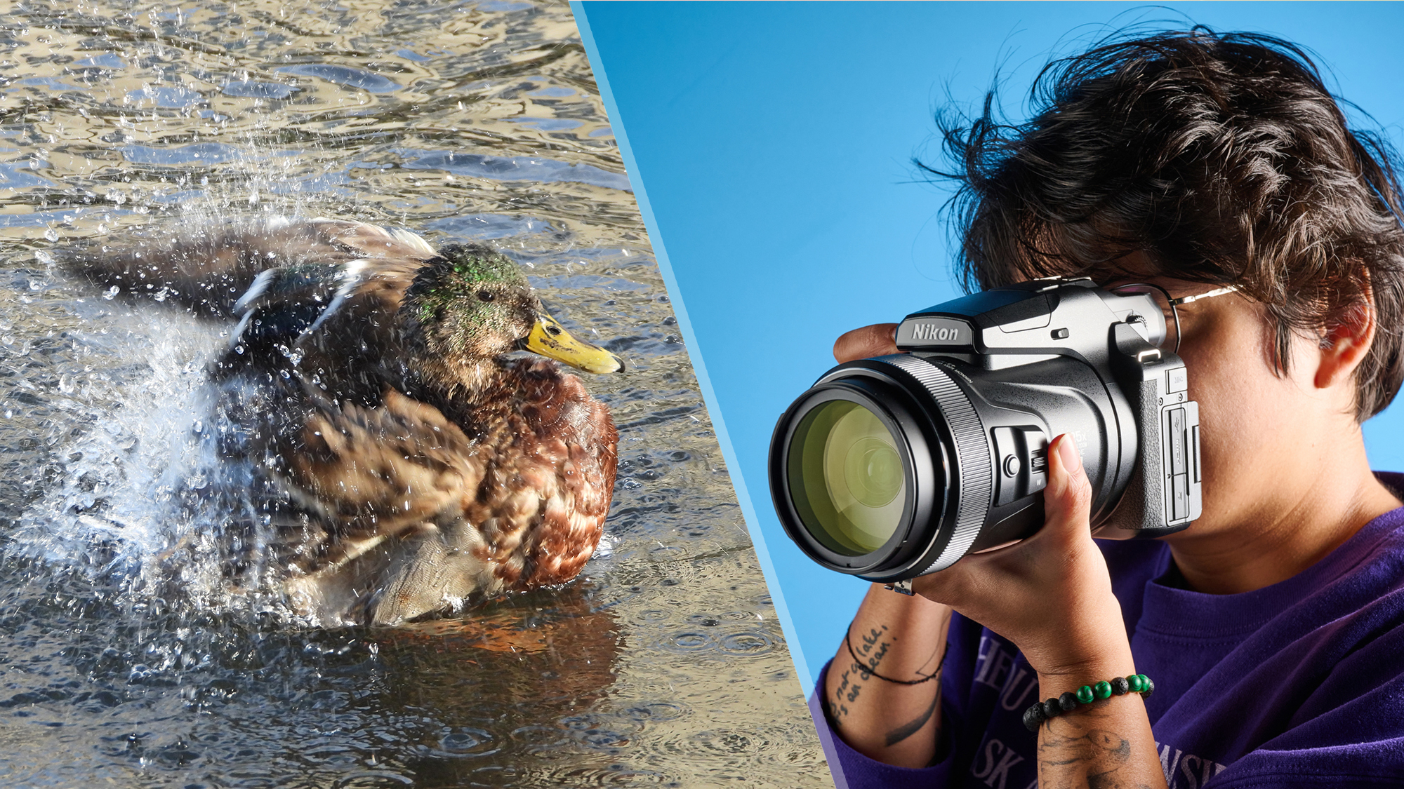 Photos of a duck and a person holding a Nikon Coolpix P1100 camera
