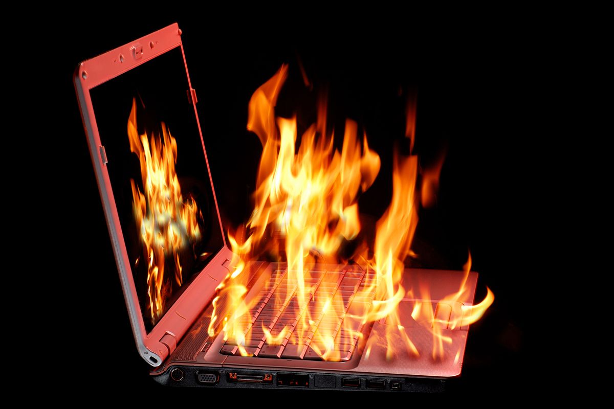 A laptop on fire