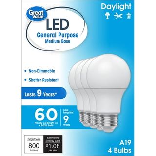 Great Value A19 Led Light Bulbs, 60 Watts Eqv, Daylight, General Purpose, 9yr, Medium Base, 4pk