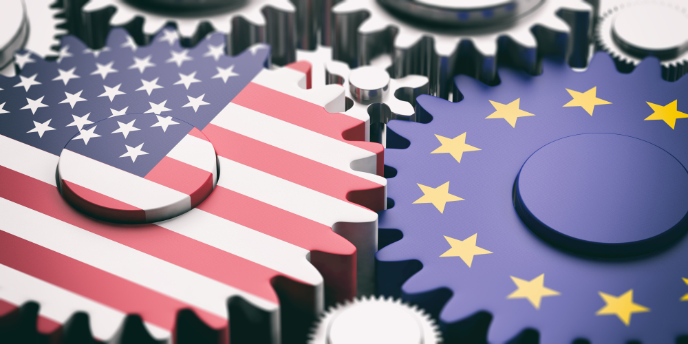 Stock image of US and EU flags as gears