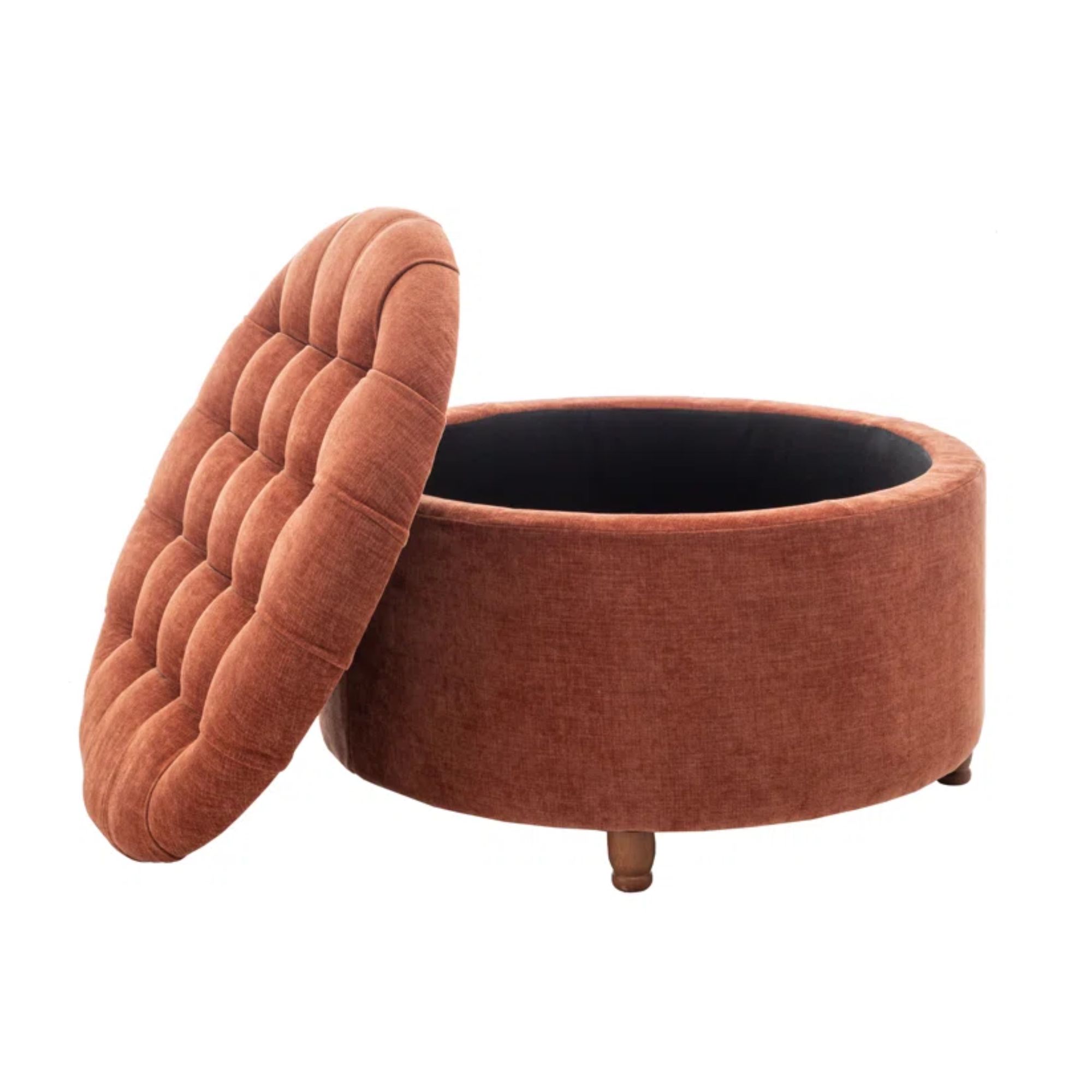 A burnt orange circular storage ottoman