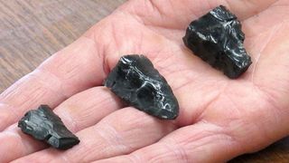 Three spear points discovered at Paisley Caves, Oregon, displayed in someone's hand.