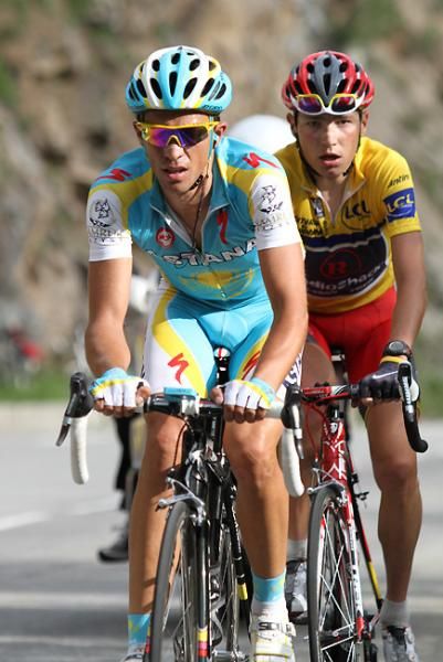 Alberto Contador Velasco (Astana) leads Janez Brajkovic (Team Radioshack) with just over six and a half kilometres to Alpe d'Huez.